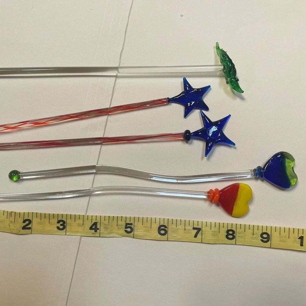Vintage Glass Star Heart Crocodile Cocktail Swizzle Sticks Set of 5 –‎ 7–8